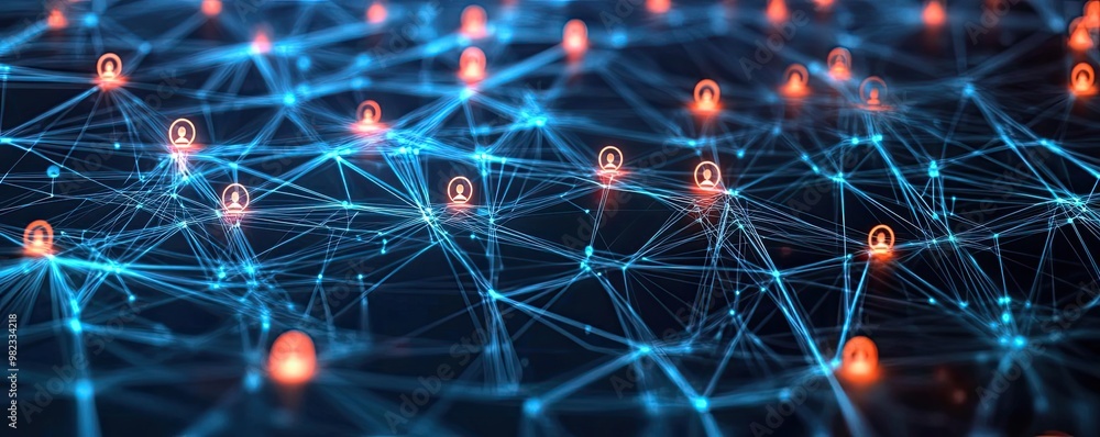 Poster Abstract network connection with glowing nodes, symbolizing communication and security in a digital landscape.