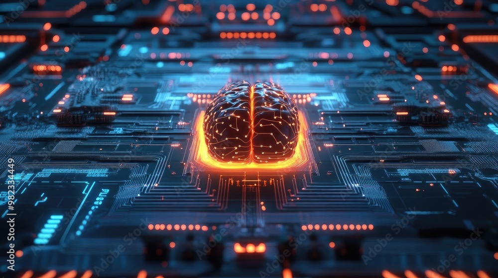 Poster Futuristic circuit board with glowing neural network, showcasing advanced technology and artificial intelligence concepts.