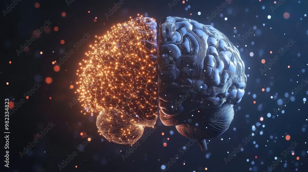 Poster Abstract view of a human brain illuminated with glowing particles, symbolizing creativity and intelligence in a digital world.
