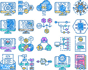 software compute, engineer doodle icons set vector. sketch line art code technology, office business, people man coder, work programmer website internet software compute, engineer color illustrations