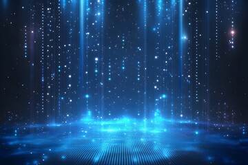 A digital landscape featuring glowing blue particles and lines, creating an ethereal, futuristic atmosphere reminiscent of a sci-fi environment.