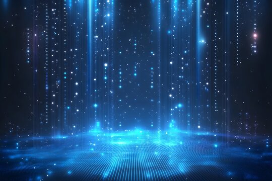 A digital landscape featuring glowing blue particles and lines, creating an ethereal, futuristic atmosphere reminiscent of a sci-fi environment.