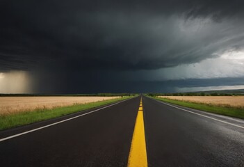 Fototapeta premium Empty Road Leading Towards Dark Stormy Sky Over Fields