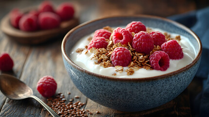 A bowl of Greek yogurt topped with granola, flaxseeds, and fresh raspberries