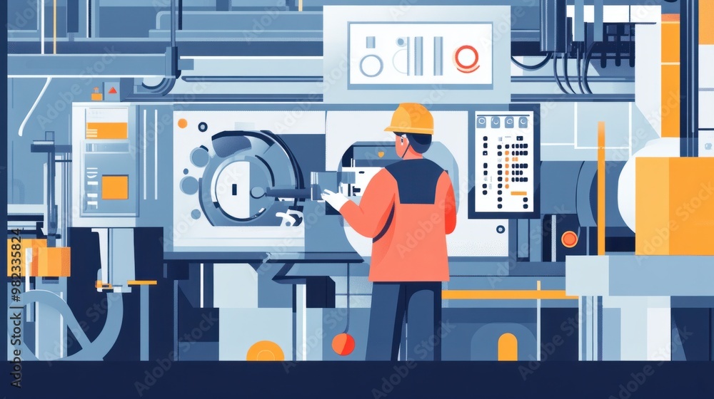 Poster a factory worker performing routine maintenance on a large industrial machine, ensuring smooth opera