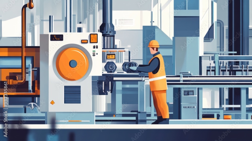Poster a factory worker performing routine maintenance on a large industrial machine, ensuring smooth opera