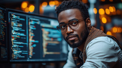 Confident programmer with glasses working on complex code, analyzing data on multiple screens, in a modern high-tech software development environment, focused on digital innovation.