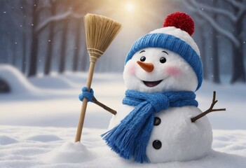 Cheerful Snowman with Blue Hat and Scarf Holding Broom in Winter Landscape