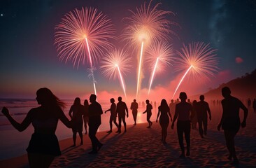 New Year's Eve Party on the Beach. People Dance Under the Starry Sky, Glowing Balls and Fireworks Fly in the Air, Neon Numbers 2025 in the Sky