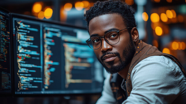 Confident programmer with glasses working on complex code, analyzing data on multiple screens, in a modern high-tech software development environment, focused on digital innovation.