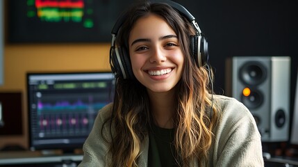 A young woman with long brown hair wearing headphones smiles in front of a computer screen and a large speaker.