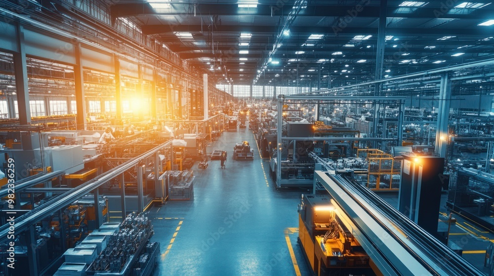 Poster a large, bright factory floor with automated production systems and employees working together effic