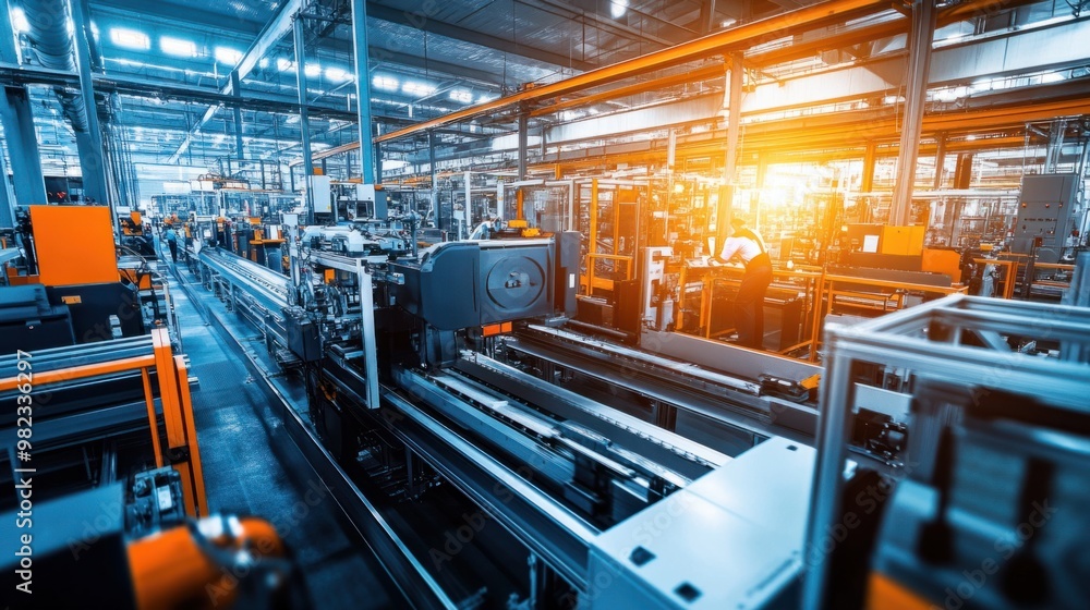 Poster a large, bright factory floor with automated production systems and employees working together effic