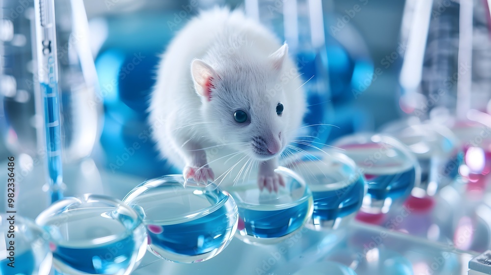 Poster scientists observing genetically modified animals in controlled environment for genetic engineering 