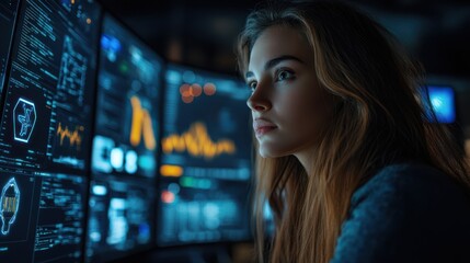 Serious woman focused on monitoring digital data and analytics on multiple screens. Working in tech-driven environment, analyzing cybersecurity threats and software solutions.