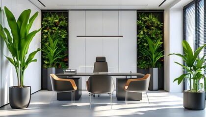 Contemporary minimalist office design with sleek seating and a lively plant accentuating a pristine white backdrop