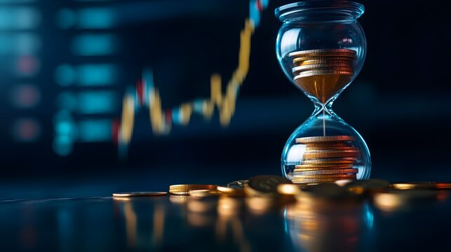 A close-up view of an hourglass filled with coins, surrounded by scattered coins, with a background featuring a rising graph indicating financial growth.