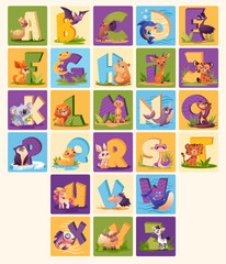 English Alphabet with Cute and Unusual animals for kids education. Funny hand drawn style characters. Vector illustration