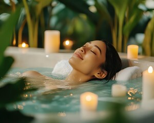 Closeup of an Asian woman lying back in a warm jacuzzi, candles and plants creating a tranquil atmosphere, Relaxing in spa, soothing water therapy