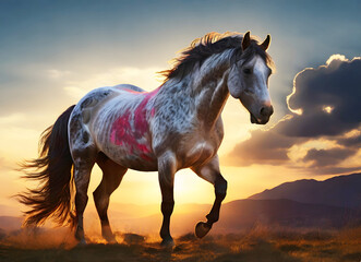 Red horse with long mane in flower field against sky .
