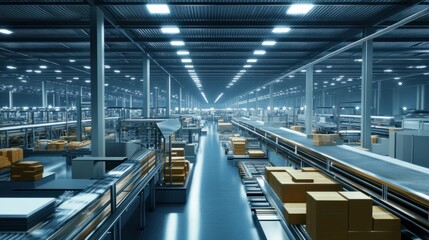 A modern factory with automated equipment producing goods at high speeds, emphasizing efficiency and technology.