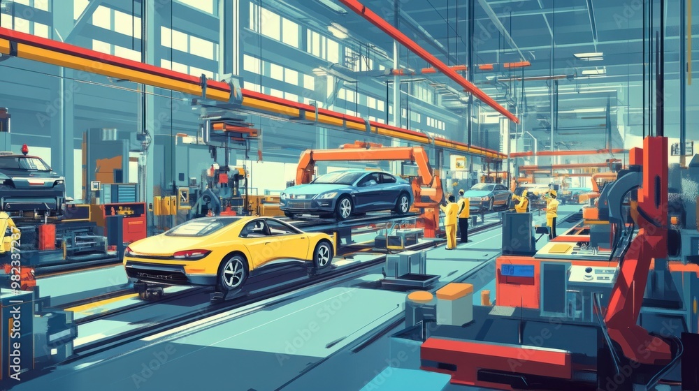 Wall mural A spacious automotive factory with cars on an assembly line being worked on by robots and human staff.