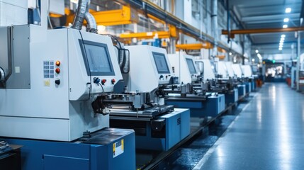 A row of CNC machines in a factory facility, with technicians programming and overseeing operations.