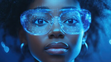 Close-up of young woman wearing futuristic digital glasses displaying blue holographic data patterns. High-tech environment highlighting advanced technology and innovation in virtual reality.
