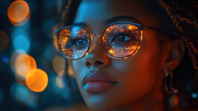 Focused woman wearing reflective glasses with glowing digital code in a futuristic environment. High-tech workspace focused on data analysis and software development.