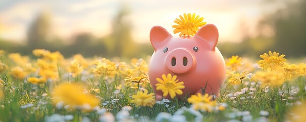 A cheerful piggy bank surrounded by yellow flowers, symbolizing savings and abundance in a vibrant, sunny field.