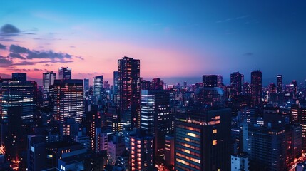 Obraz premium Stunning Night Cityscape with Modern Skyscrapers and Vibrant Lights at Dusk