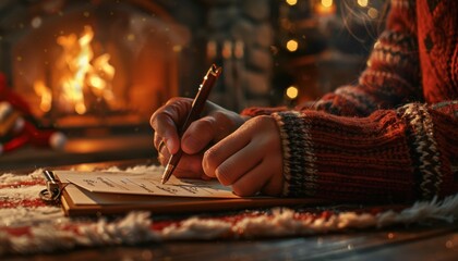 Obraz premium Cozy winter scene with person writing in journal by the fireplace, surrounded by holiday decorations and warm ambiance.