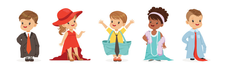 Cute Little Kids Wearing Elegant Adult Oversized Clothes Vector Set
