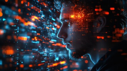 Profile of a young man with a beard, gazing at a digital holographic interface with glowing orange and blue data projections in a futuristic technology environment.
