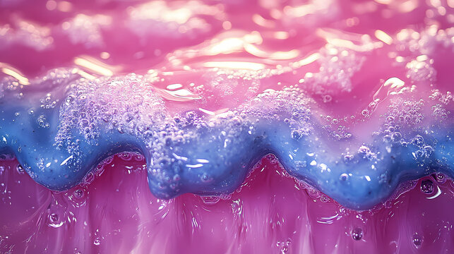 A cake with pink and blue colors topped with blue icing.