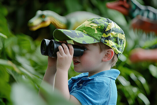 a child looking through binoculars at animatronic dinosaurs in a lush park setting