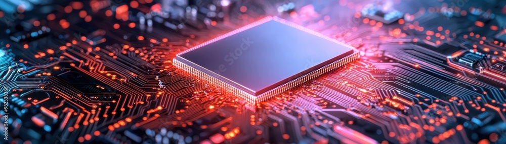Poster glowing computer chip on a circuit board, showcasing intricate details and vibrant colors in technol