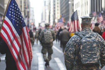 Soldiers marching with US flags on city street