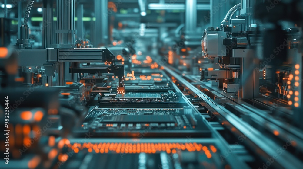 Poster a wide-angle shot of an electronics factory, showing automated machinery assembling circuit boards.