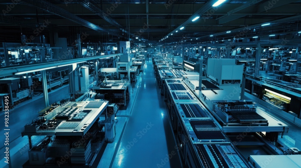 Aufkleber a wide-angle shot of an electronics factory, showing automated machinery assembling circuit boards.