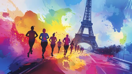 The serene morning light of Paris sets the stage for marathon runners with a watercolor like Eiffel Tower backdrop and vibrant hues with nature view.