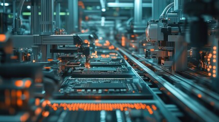 A wide-angle shot of an electronics factory, showing automated machinery assembling circuit boards.