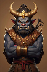 Fototapeta premium A cute cartoon-style depiction of Hiranyakashipu standing in anger. The character has exaggerated facial expressions, with furrowed brows, clenched fists, and a stern posture, showcasing his intense r