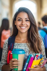 A young woman with long brown hair is smiling while holding a cup of coffee and a stack of books. She is wearing a black and white patterned shirt and a red backpack.