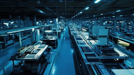 Obraz premium A wide-angle shot of an electronics factory, showing automated machinery assembling circuit boards.