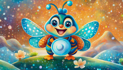 oil painting style cartoon character illustration  baby bee talking with megaphone, proclaiming news