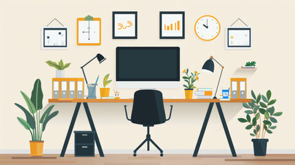 A modern office workspace featuring computer, plants, and organized decor