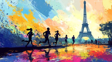 The serene morning light of Paris sets the stage for marathon runners with a watercolor like Eiffel Tower backdrop and vibrant hues.