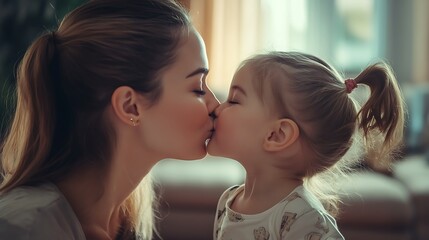 A mother and her young daughter share a tender kiss, their eyes closed in a moment of love and affection.