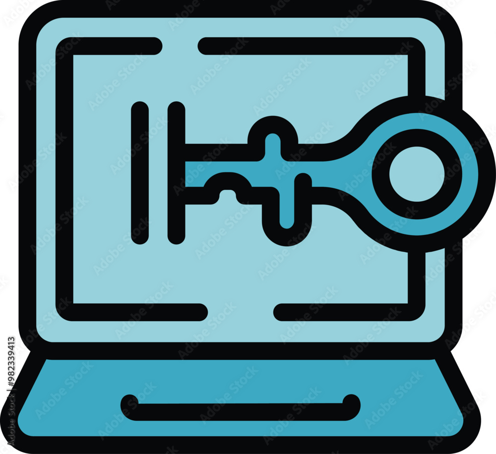 Poster laptop is showing a key with a round head, representing the concept of password security and data pr